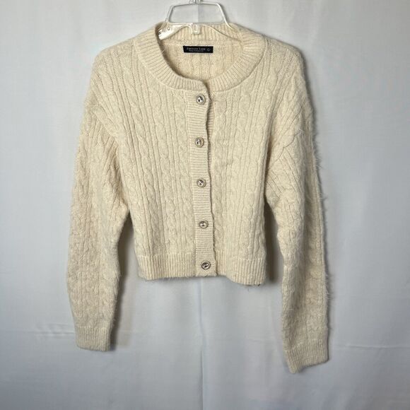 Emerson Lang NWT Young Contemporary Sweater Cardigan L Cream Buttons Cropped - Picture 1 of 6